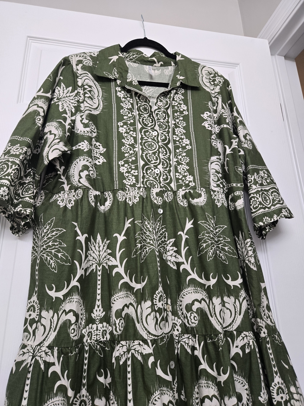Green And White Printed Women's Button-Up Maxi Dress